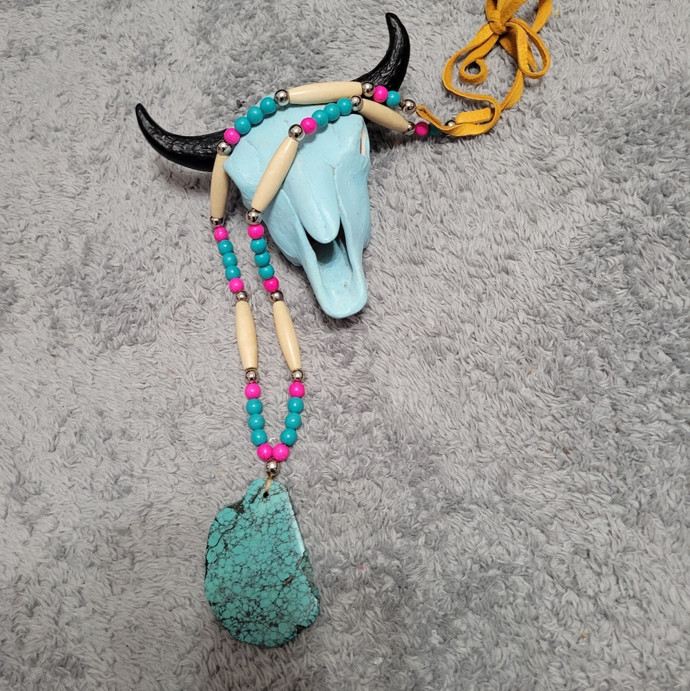Western Turquoise Chunky Slab Beaded Necklace Southwestern Rodeo Cowgirl
